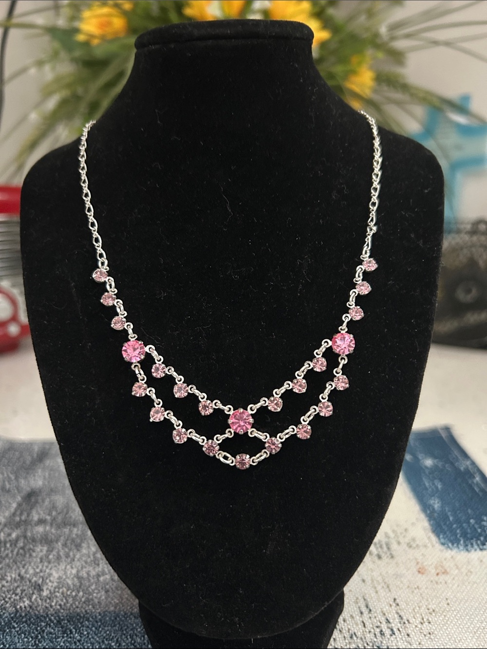 Silver-Tone Pink Crystal Double Strand Necklace.  Bundle 3/$30